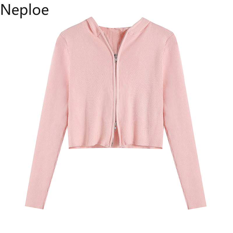 Neploe Cropped Hooded Sweater Women Double Zipper Cardigan Coat Sweet Fashion Knitted Tops Wild Long Sleeve Sueter Mujer 4l184 210422