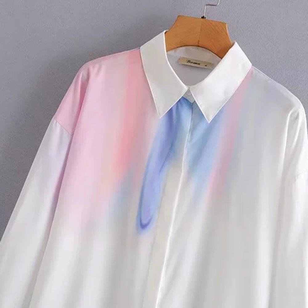Women Fashion Tie-Dyed Elegant Blouses Vintage Lapel Collar Long Cuffed Sleeves Female Shirts Chic Tops 210520