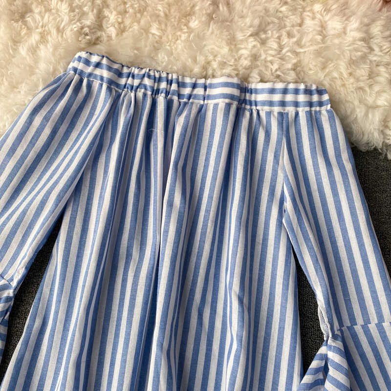 Korean Stripe Women Blouse Causal Off Shoulder Sexy Strapless Tops Irregular Flare Sleeve Blusas Shirt 6G552 210603