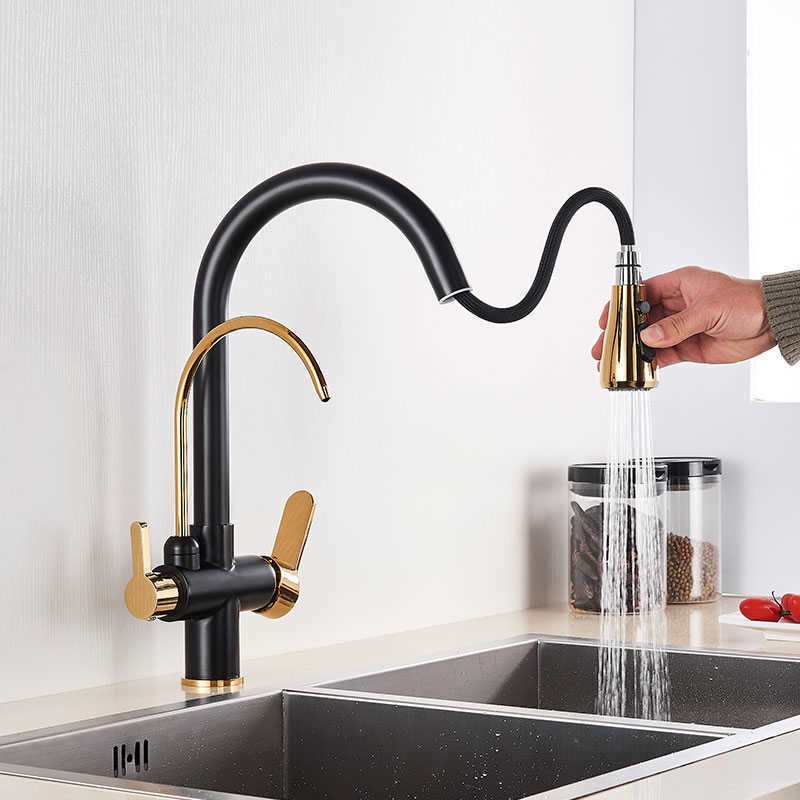 Gold BlackChrome Kithcen Purified Faucet Pull Out Water Filter Tap 23 Way Torneira Cold Mixer Sink Crane Kitchen Drink 2107249290302