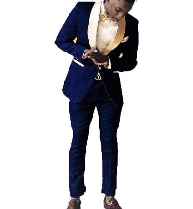 Groomsmen Royal Blue Groom Tuxedos Shawl Gold Lapel Men Suits 2 Pieces Wedding Bridegroom ( Jacket+Trousers+Tie) X0909
