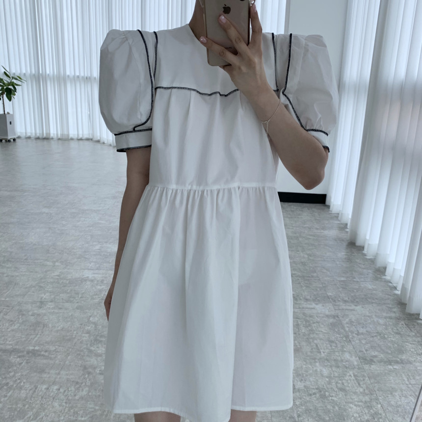 Nomikuma Korea Chic O-neck Woman Dress Hit Color Patchwork Puff Short Sleeve Dresses Causal High Waist A-line Vestidos 6F994 210427