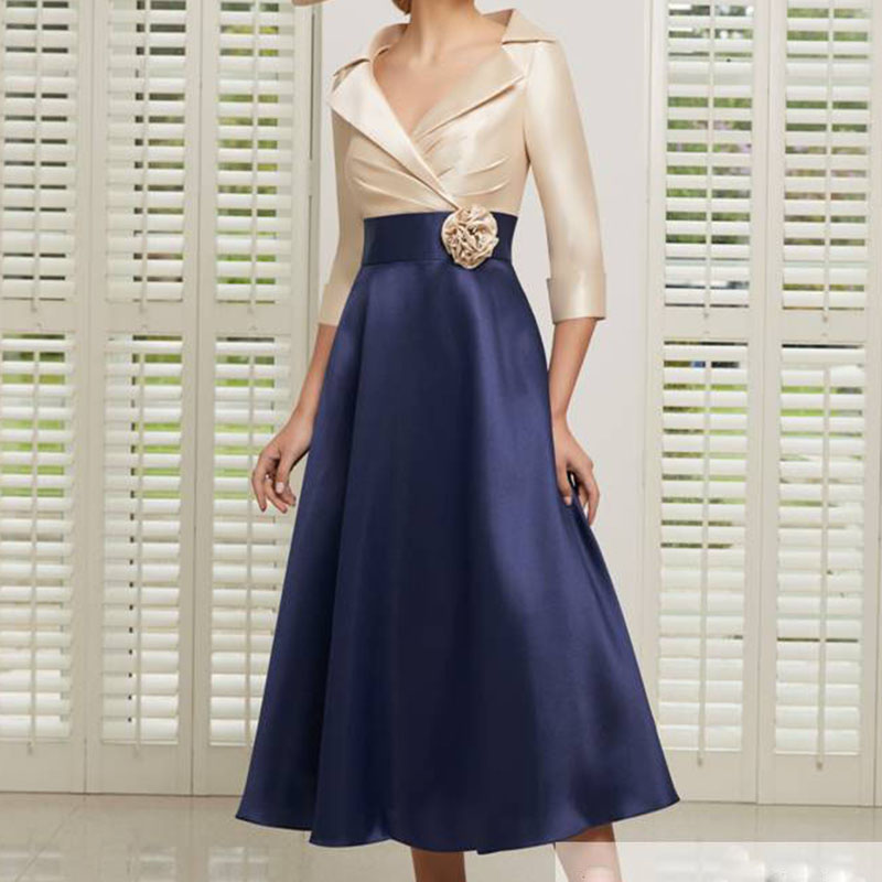 Mother Of The Bride Dresses 2024 Top Champagne Formal Wedding Party Gowns Half Sleeves Tea Length Sexy V Neck Wers Vestidos