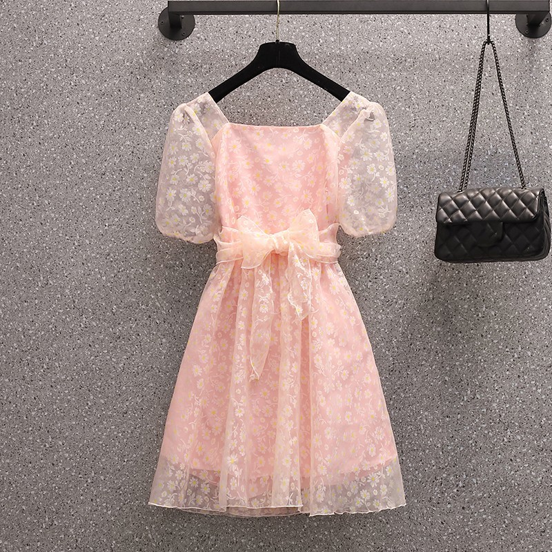Fashion Summer Women's Sweet Square Collar Flowers Pink Chiffon Dress Slim Puff Sleeve Girls Lace Up Mini Dresses Plus Size 210518