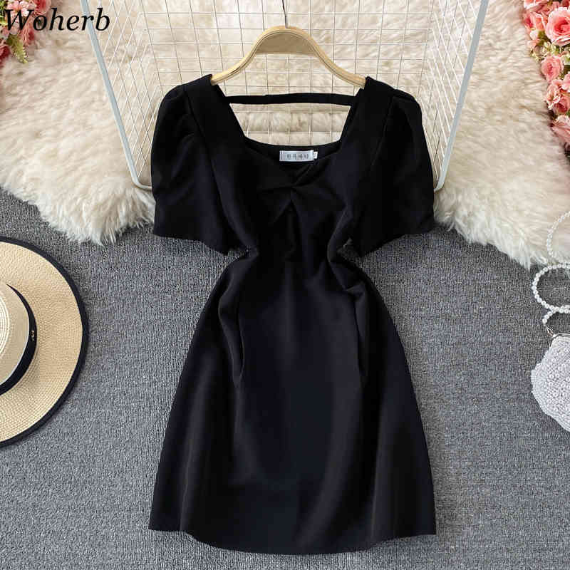 Summer Elegant Square Collar Dress Women Short Puff Sleeve Mini Dresses Sexy Party Korean Robe Femme 210519