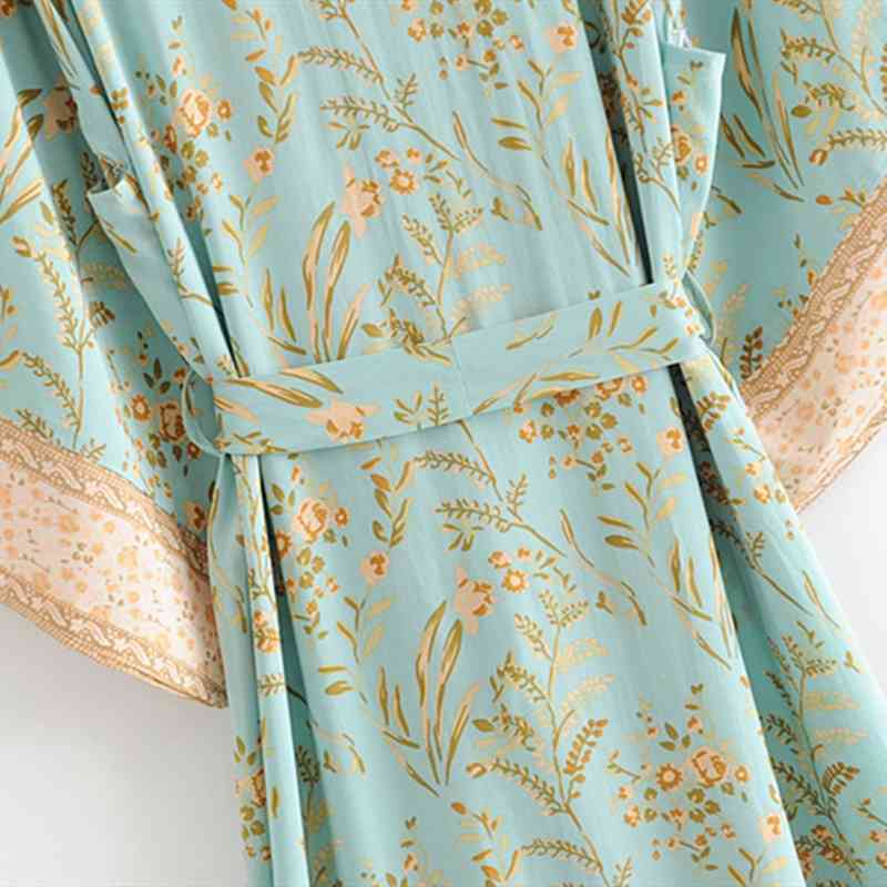 New Hot Selling Vintage Boho Floral Print Long Kimono Cardigan Summer Tops Belted Beachwear Vestido Blusas Mujer 210323