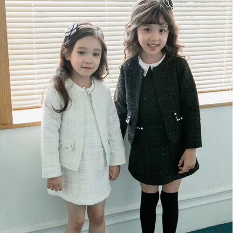 Autumn Winter Girls Fashion 2 Pieces Princess Sets Coat+vest Dress Kids Tweed 210528