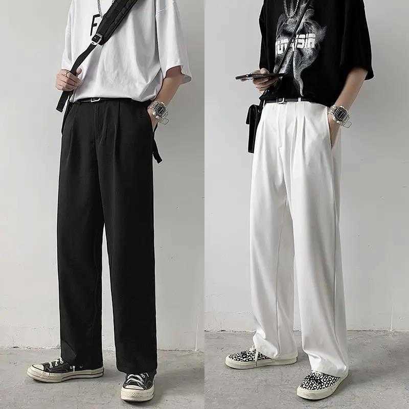 Straight Wide Leg Suit Pants Mens Autumn Casual Trousers Office Busiess Man Dress Pants Loose Korean Formal Elegant Solid White Y0811