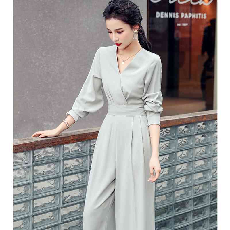 Spring Women Fashion Office OL Vintage V Neck Long Sleeve Female Solid High Waist Wide Leg Jumpsuits Rompers 210519