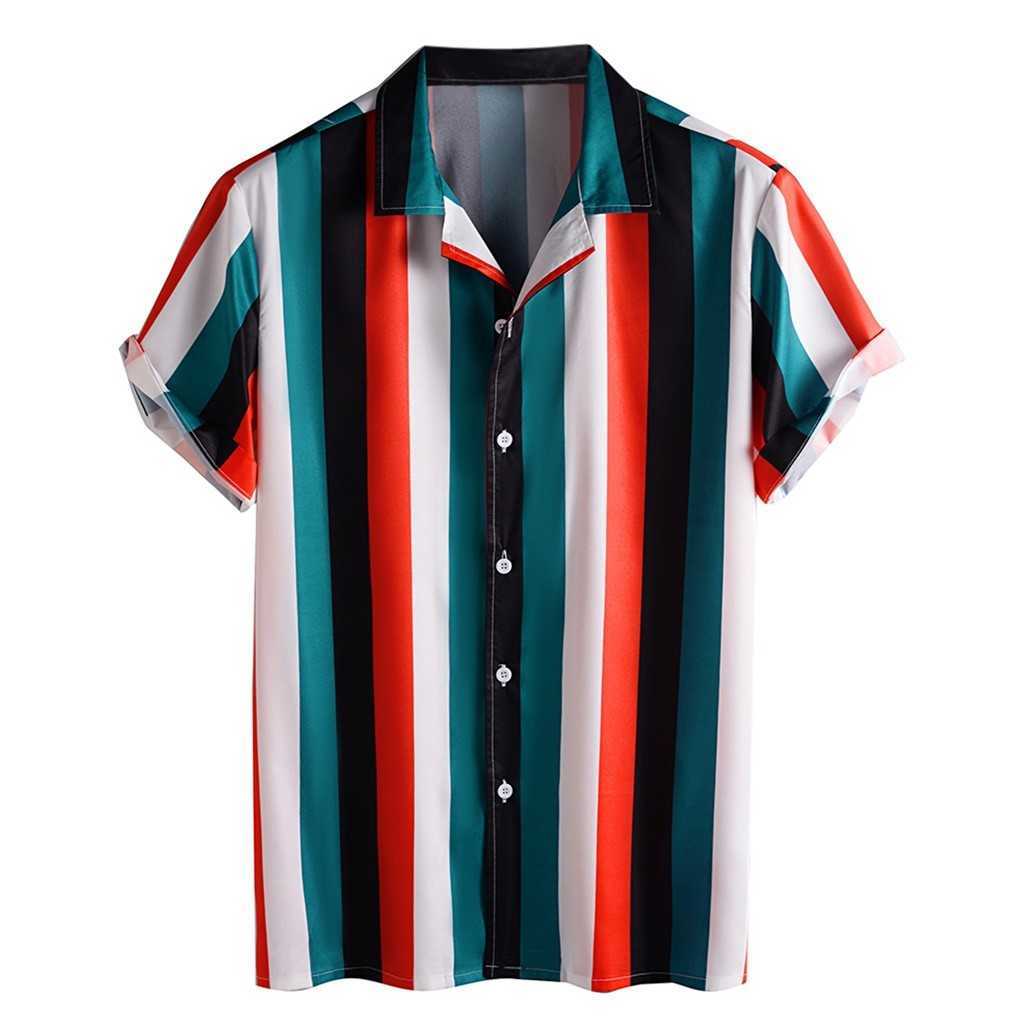 Men's Vertical Stripe Summer Short Sleeve Loose Buttons Hawaiian Casual Shirt Good Quality Men Shirts Loose Plus Size Tops 210527