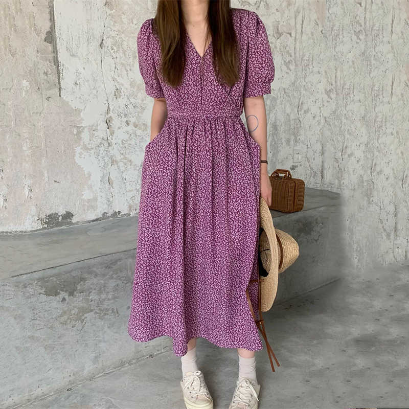 Korejpaa Women Dress Summer Korean Temperament Gentle Floral V-Neck Cross Tie Waist Slimming Pocket Puff Sleeve Vestidos 210526