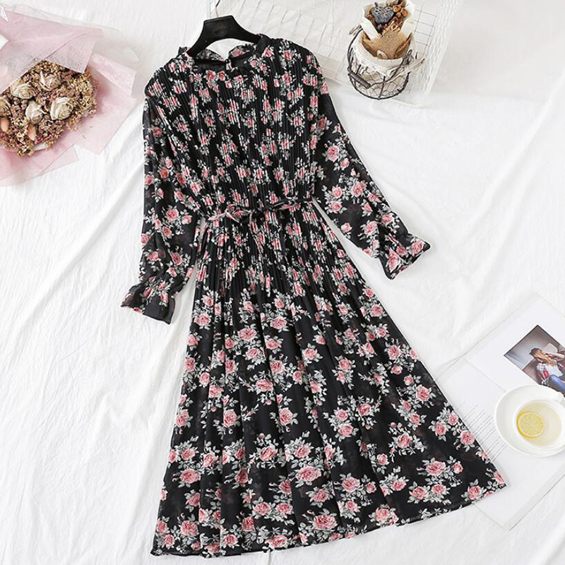 Women Long Dress Spring Autumn Vintage Floral Print Pleated Chiffon Dress Long Sleeve Loose Plus Size Dresses Vestidos 210521