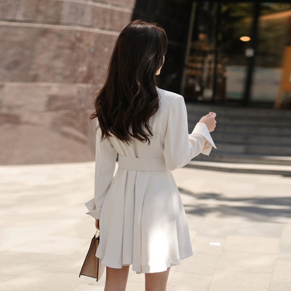 Autumn Women white Double-Breasted Short Dress Formal Long Sleeve Notched Collar Slim Casual High Waist 210519