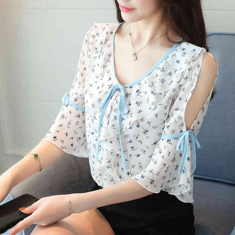 summer fashion printed blouse shirt women tops short sleeved blouses bow sweet flare sleeve chiffon shirts 0527 40 210506