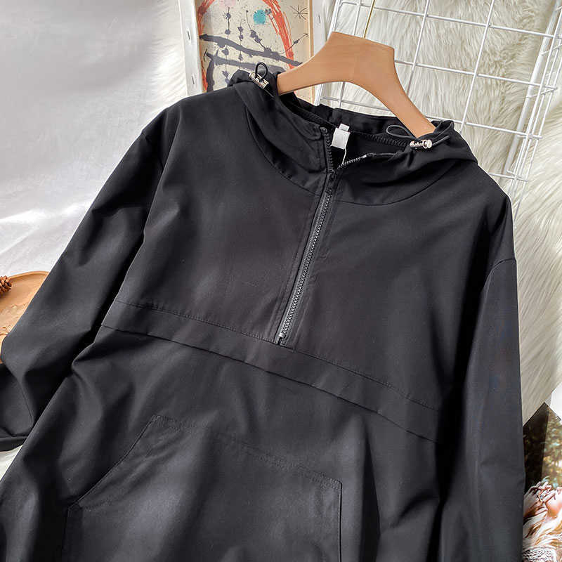 Spring Clothes Lazy Style Top Women's Black Half Zipper Hooded Sportswear 210809