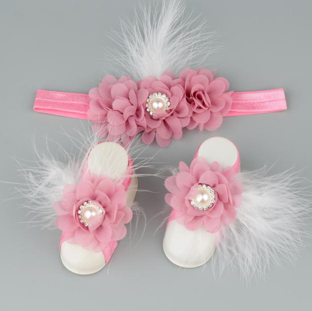 2021 Baby Sandals Feather Flower Shoes Cover Barefoot Foot Flower Ties Infant Girl Kids First Walker Shoes Headband Set Photography Props
