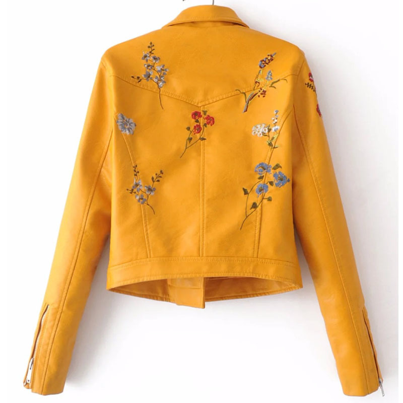Embroidery female autumn Korean version of the lapel locomotive PU leather short-sleeved lapel jacket Yellow pink Coat 210507