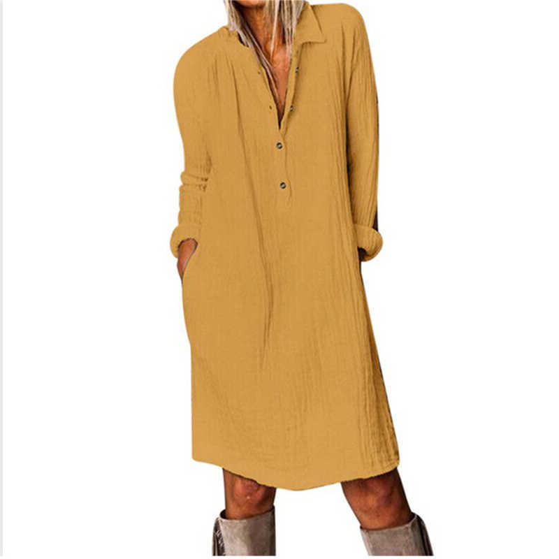 Cotton Linen Women Dress Spring Autumn Loose Plus Size Casual Vestidos Long Sleeve Nature Button Turn Down Collar Dresses 210630