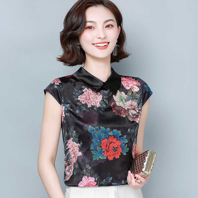 Korean Silk Women Blouses Woman Satin Print Shirt Ladies Peony Floral Top Plus Size Blusas Mujer De Moda 210531