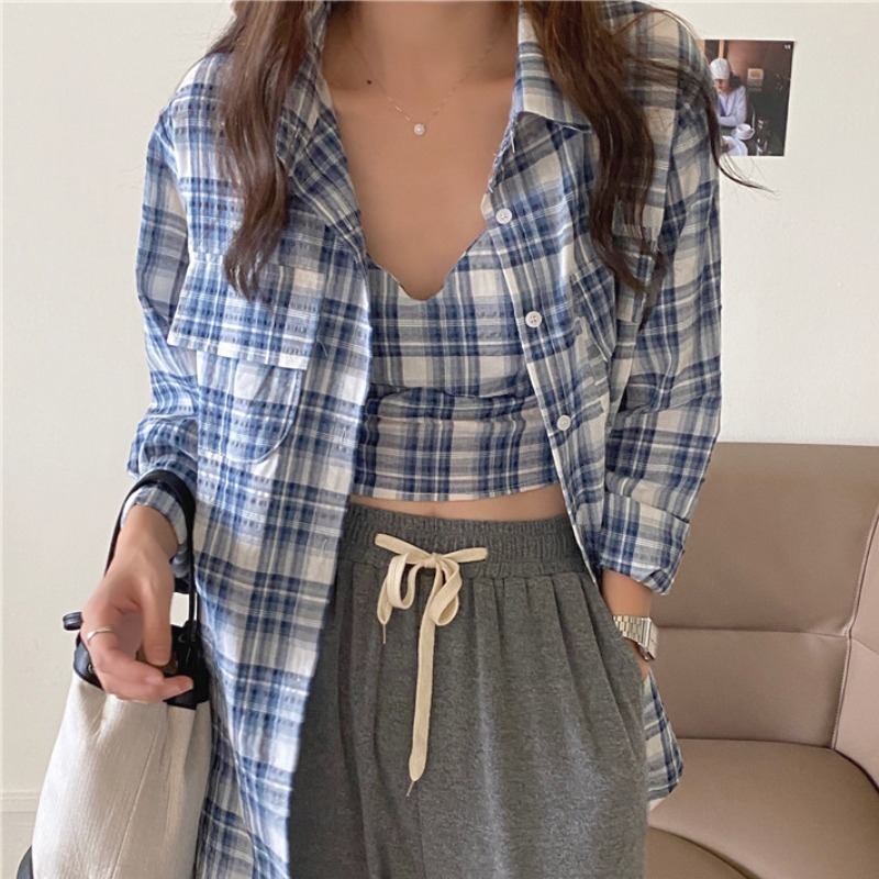 Temperament goddess fan suit small sexy short sling + plaid cardigan two-piece shirt can not be removed 210525, Blue
Temperament goddess fan suit small sexy short sling + plaid cardigan two-piece shirt can not be removed 210525, Blue