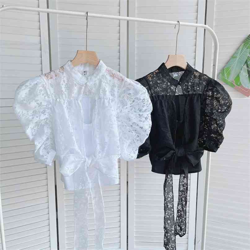 Court Women Fashion Summer Wear Cut-out Short Sleeve Thin Shirt Stand Neck White Black Solid Color Blusas De Mujer Blouse S790 210527