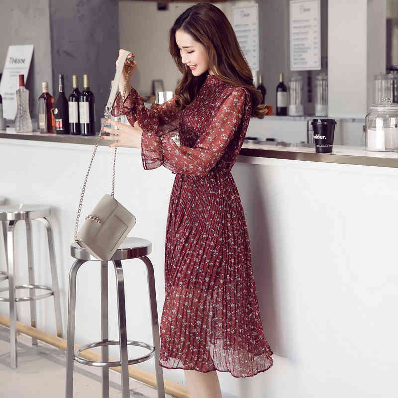 Spring summer women elegant printed floral chiffon dress long sleeve fashion casual lady bohemian pleated female 210514