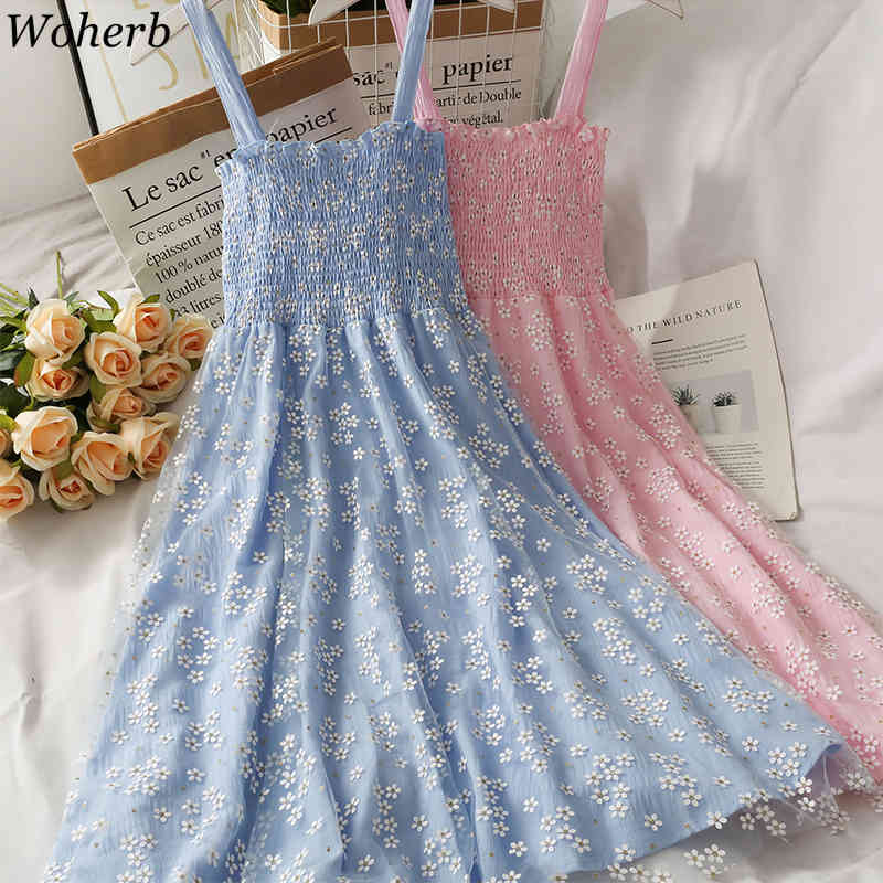 Women Floral Printing Vintage Dress Summer Sexy Spaghetti Strap Mesh Dresses Woman Cute Kawaii Robe Korean Chic 210519