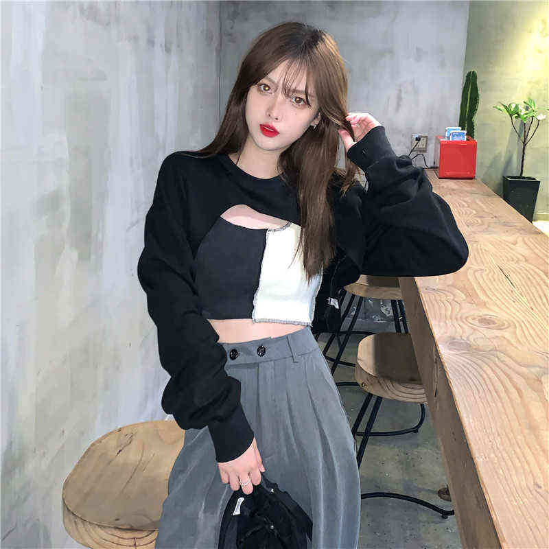 Sweatshirt Women Korean Streetwear Long Sleeve Sweatshirts Pullover+Vest Casual Party Crop Top Autumn Women's Clothing 211109