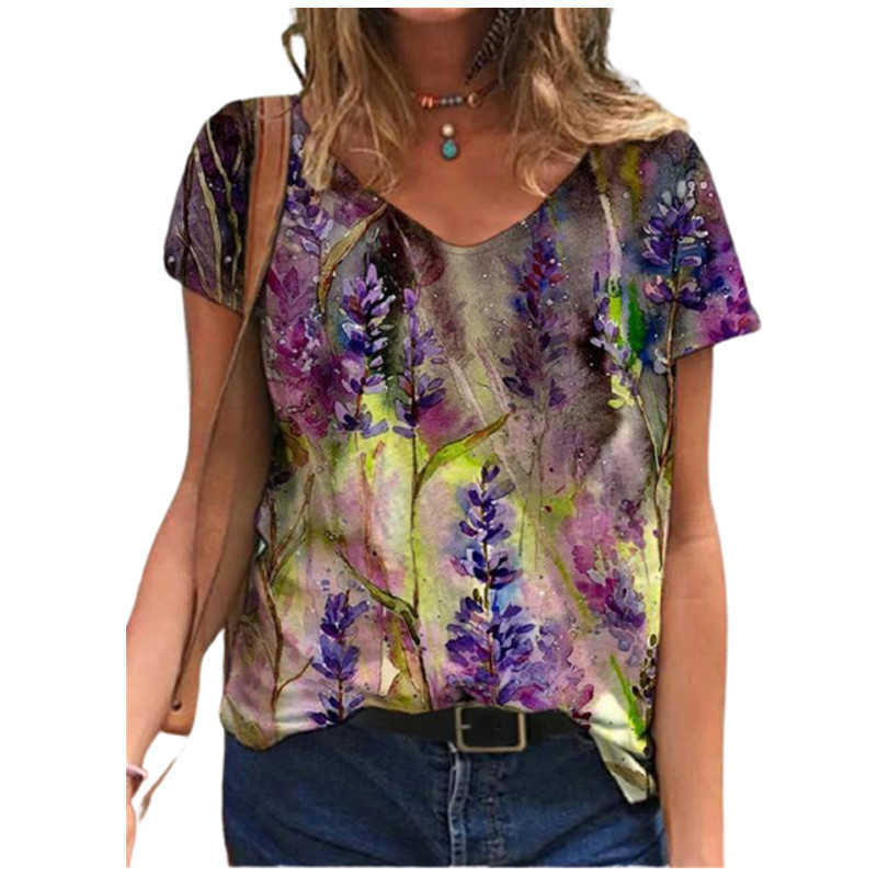 Tie Dye 3D Floral Print Women T Shirts Casual Short Sleeve Loose Plus Size Tops Fashion Street Ladies V-Neck Summer Tee 210526