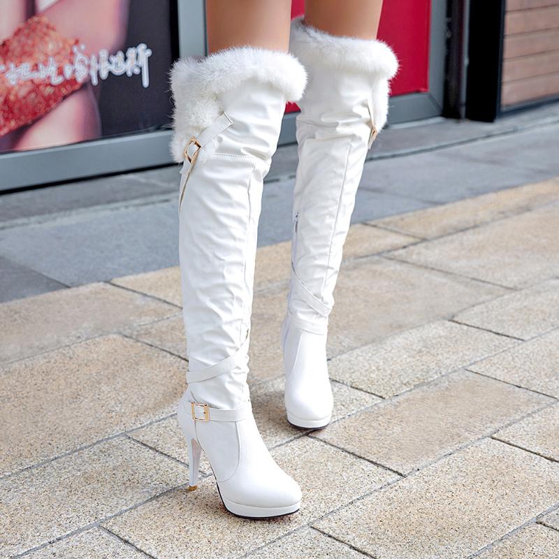 Women's White Faux Fur Over-the-Knee Boot - High Heel Winter Footwear for Style & Warmth