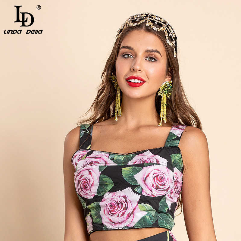 LD LINDA DELLA Summer Fashion Camis Corset Women Fashion Runway Sexy Spaghetti Strap Rose Flower Print Short Bustier 210625