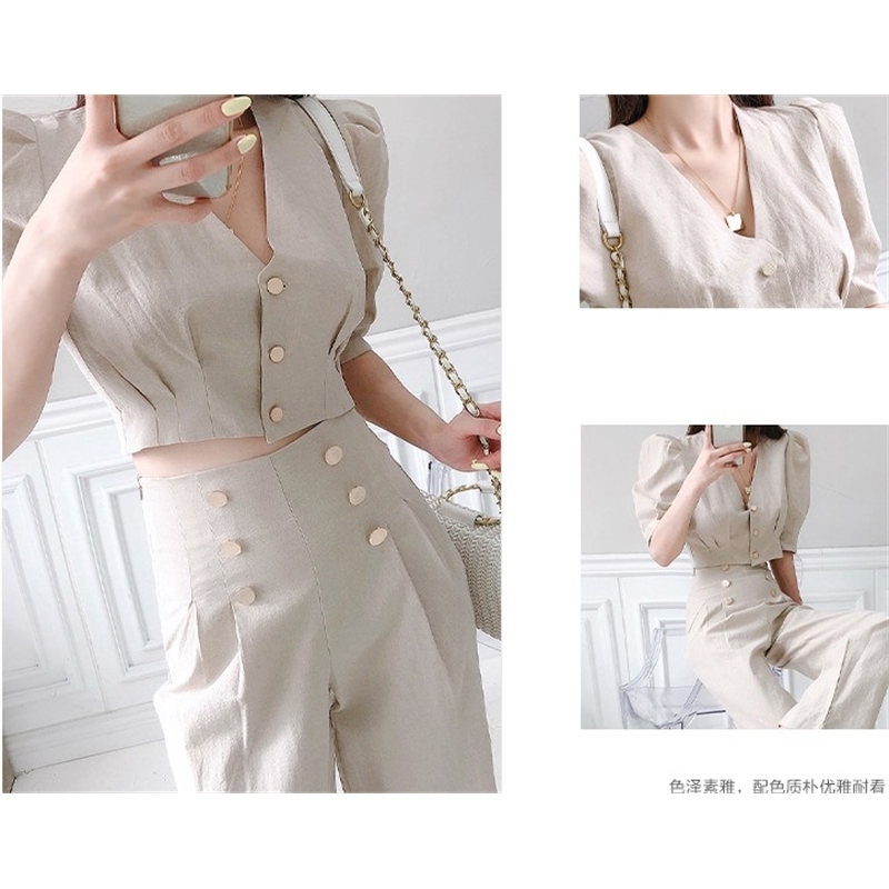 Business Ladies women two piece outfits Formal OL style Elegant Puff short sleeve tops + High waist Long Pants 2 Pieces Set 210519