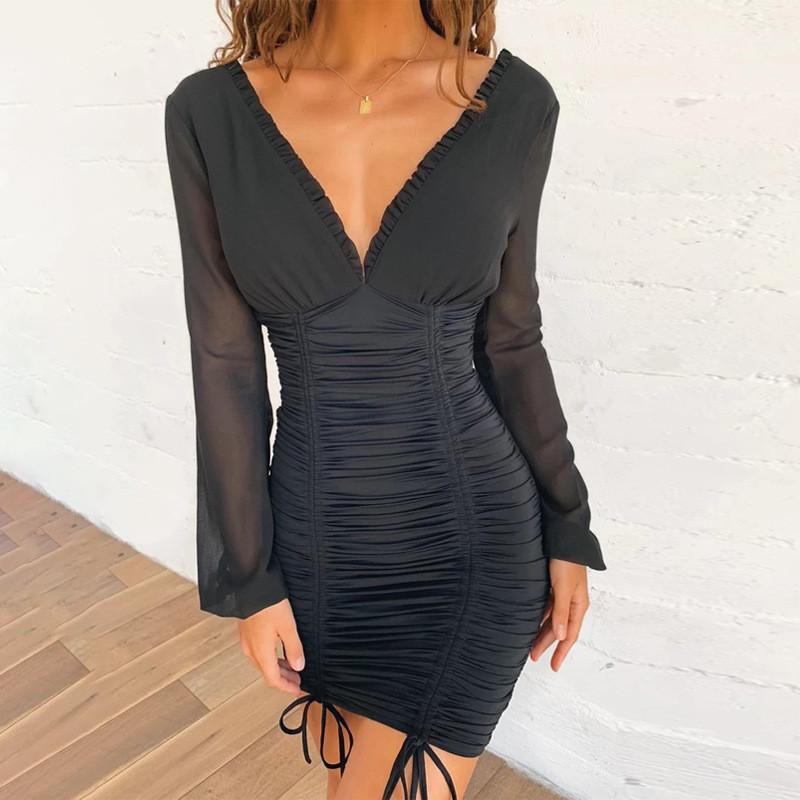Women Clubwear Bodycon Mesh Dress Slim Long Sleeve Deep V-Neck Tassel Party Pencil Pleated Short Dresses 2021 Arrivals Casual