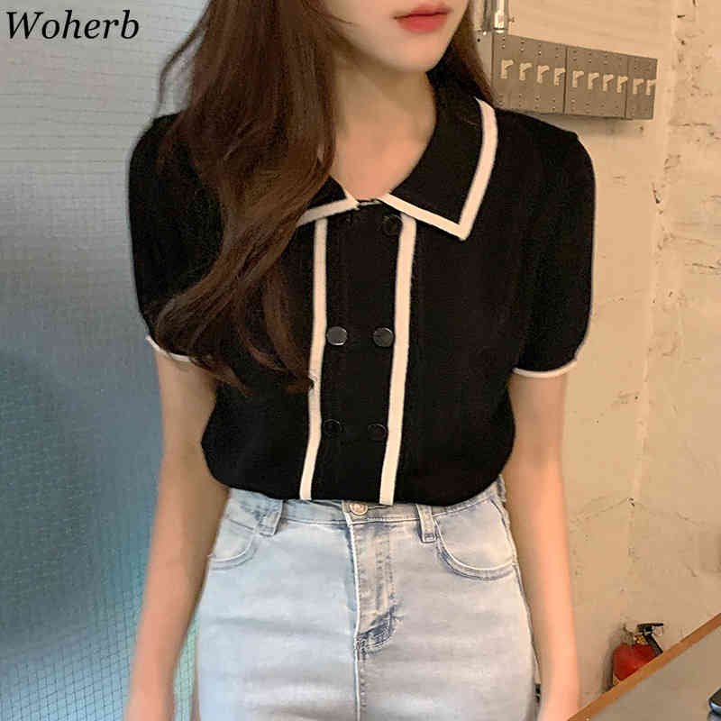 Korean KnitTop Women Summer Shirts Vintage Double Breasted Turn Down Collar Tees Short Sleeve Loose Tshirts Mujer 210519