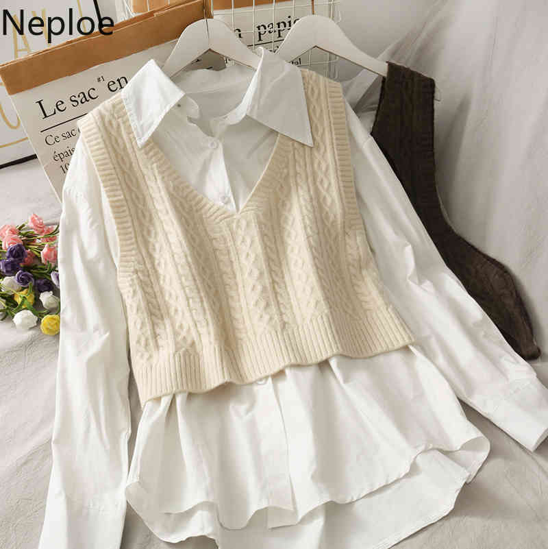 Neploe Korean Sweater Vest Women Knitted Cropped Double V-neck Sleeveless Waistcoat Solid Color All-match Tank Tops Coat 4G765 210422
