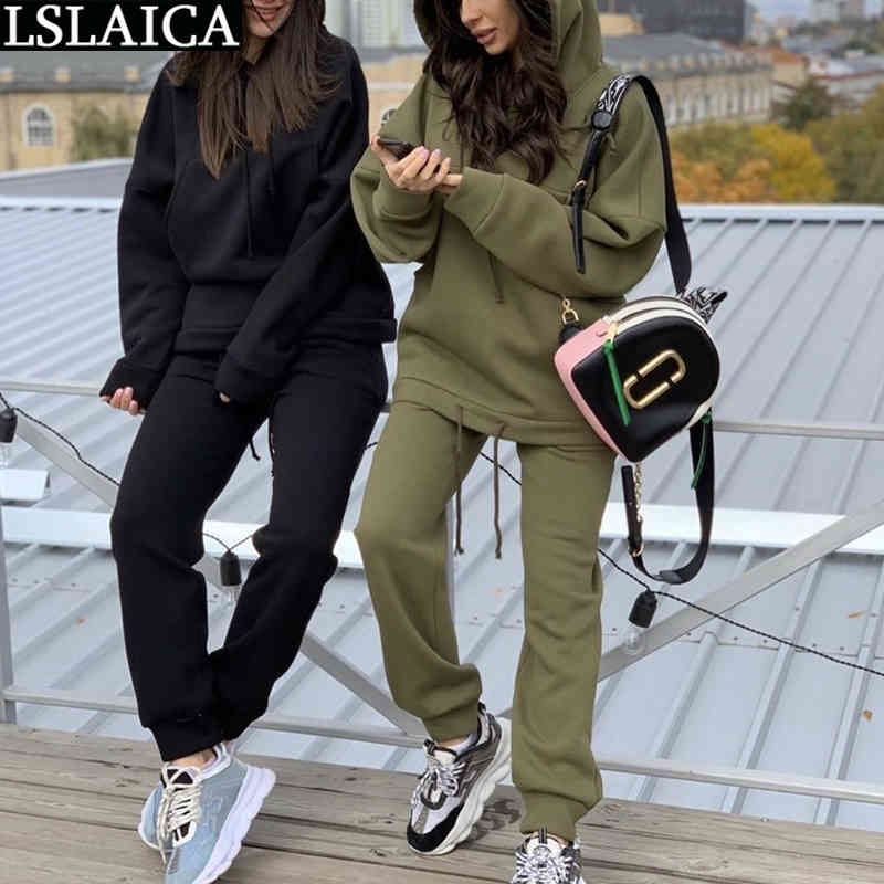 Tracksuit Women Solid Hooded Sweatshirt Pockets Long Pants Knitted Two Piece Set Autumn Fashion Casual Clothing 210520