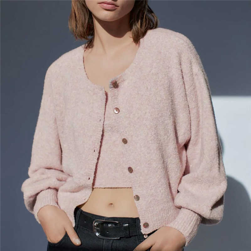 Elegant Women Pink Sweaters Fashion Ladies O-Neck Button Knitted Coats Streetwear Female Chic Lantern Sleeve Cardigan 210527