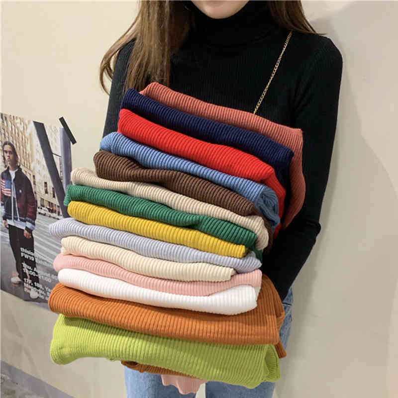 Autumn Long Sleeve Female Pullover Women Sweater Solid Slim Cotton Knitted Turtleneck Clothes Sueter Mujer 10607 210518
