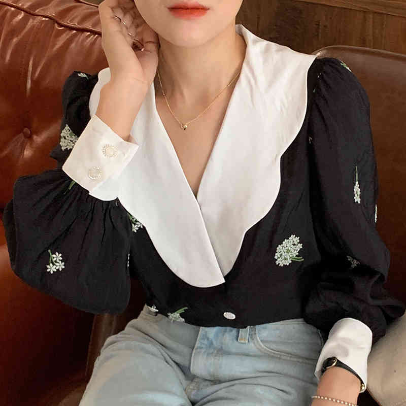 Korean Chic Retro Turn Down Collar Puff Long Sleeve Blouse Floral Embroidery Loose Blusas Casual Sweet Shirt Top 210519