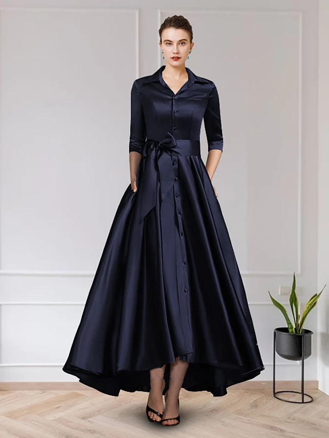 Navy Blue Buttons A-Line Evening Guest Dresses Plus Size Elegant Vintage V Neck Ankle Length Satin Prom Formal Gown 2022 Robe De Soiree Vestidos
