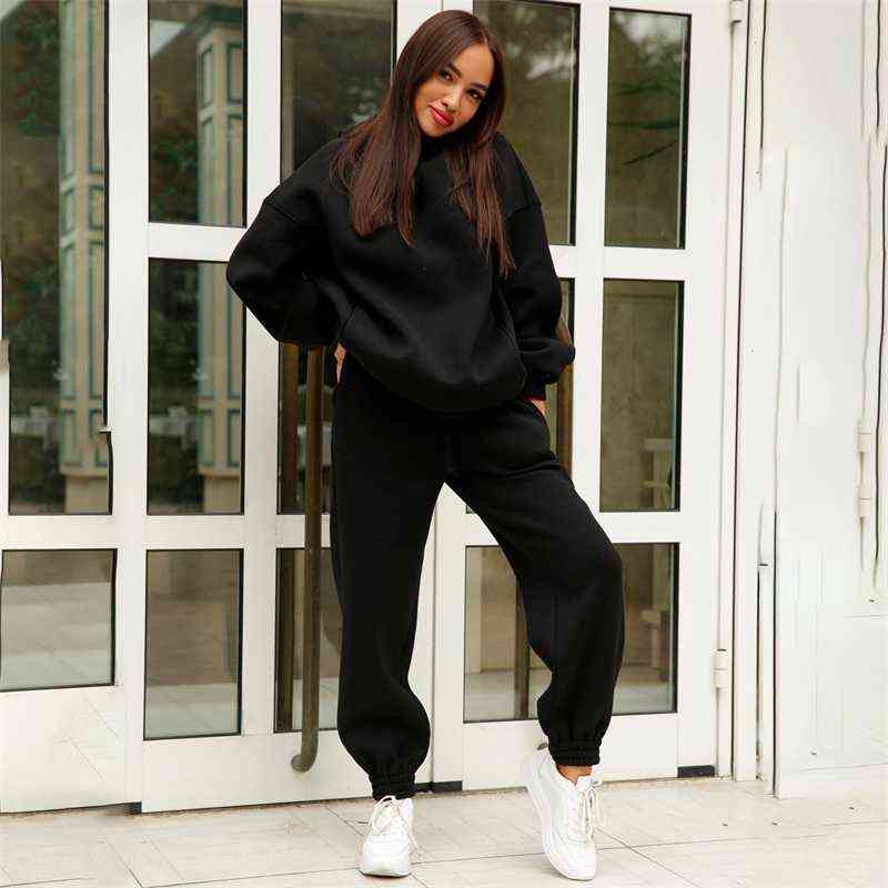 Two Piece Set Casual Fleece Tracksuit Women Winter Women's Sets Hooded Long Sleeve Hoodie Sport Pants Lady Suit 211105