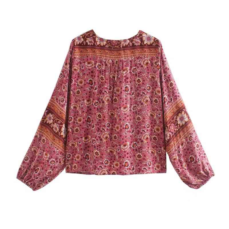 Autumn Bohemian Single-Breasted Button O neck Floral Print Long Sleeve Shirt BOHO Holiday Women Blouse Loose Causal Tops 210429