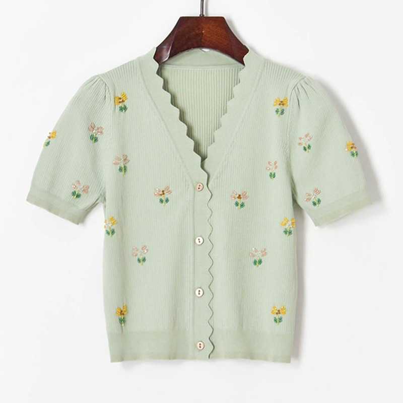 Beading Flower Wave Cardigan Women Summer V-neck Short Sleeve Knit Blouses for Woman Elegant Fresh All-match Female Tops 210525