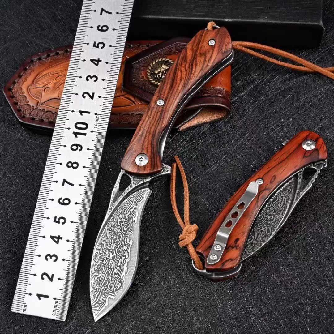 Forged Damascus Kukri Folding Knife Particulate Rosewood Handle With Leather Sheath Outdoor Hunting Self Defense Pocket Camping EDC Knives