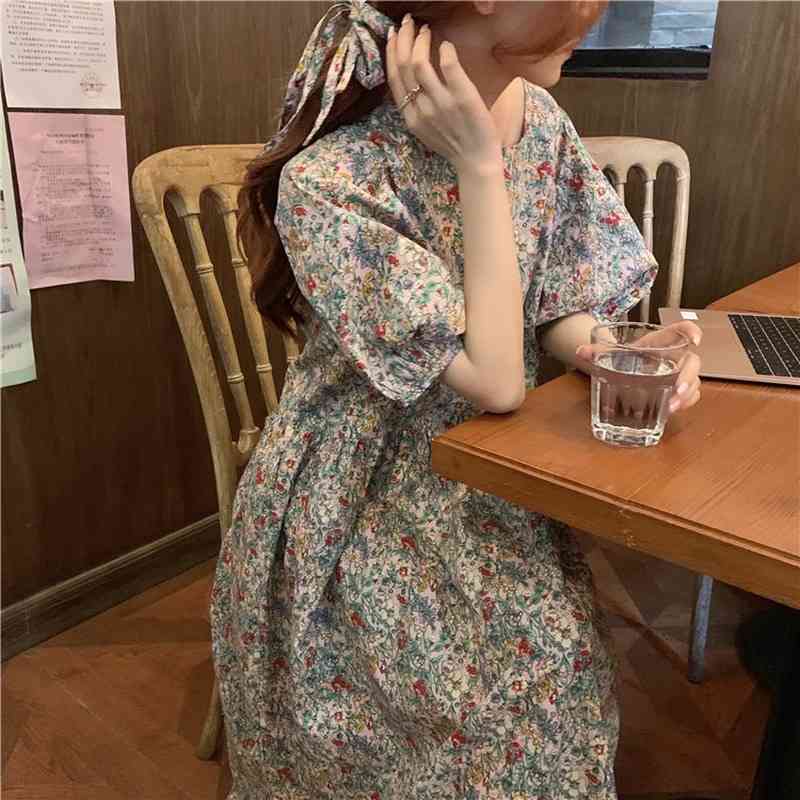 French Style Vintage Puff Sleeve Floral Print Dresses Women Midi Long Party Vestido Feminino for 14557 210506
