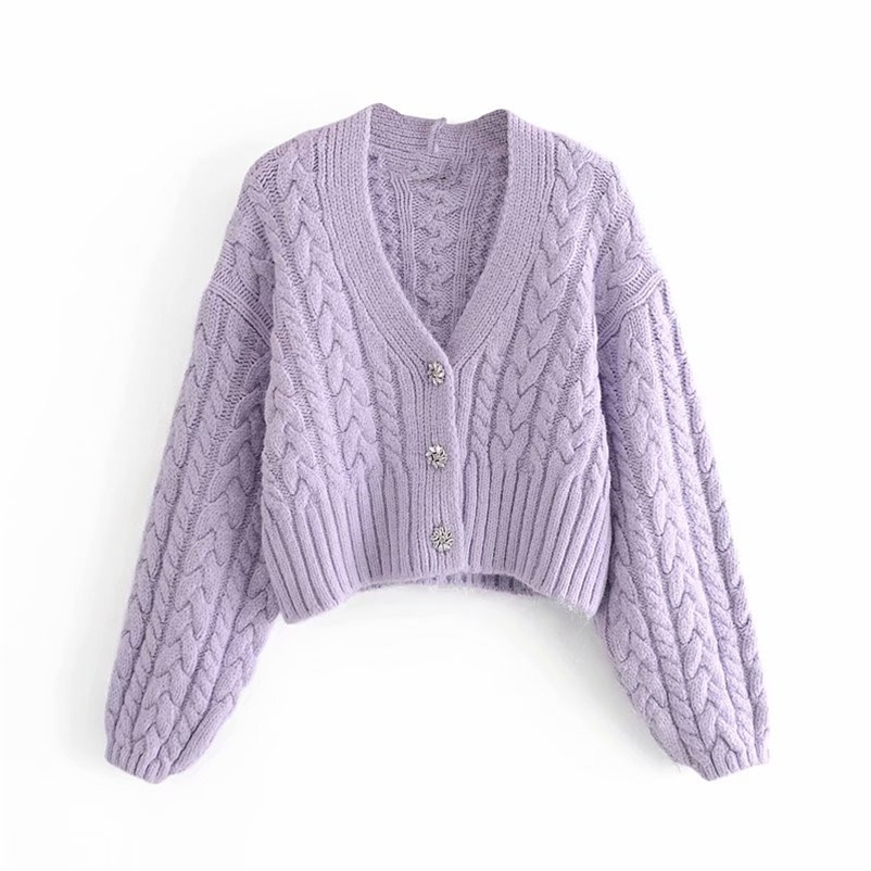Women's Knits Tees Sweet Woman Purple Loose V Neck Knitted Cardigan Spring Fashion Ladies Diamond Button Knitwear Girls Casual Sweaters 210515