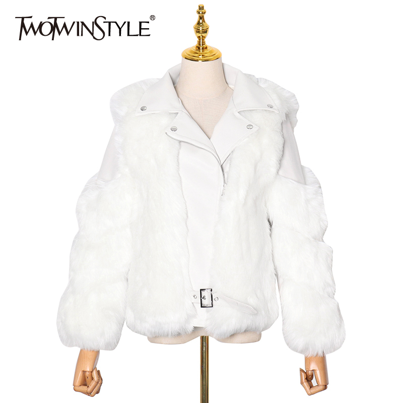TWOTWINSTYLE Korean Patchwork Fluff Jacket For Women Lapel Long Sleeve Elegant White Thick Jackets Female Fashion Clothing 210517