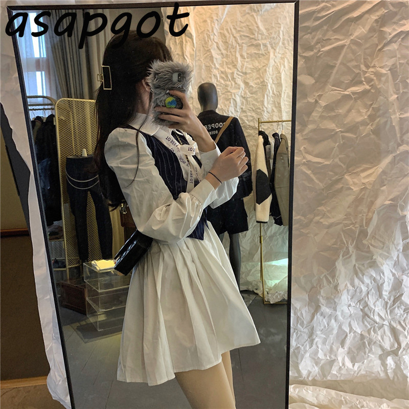 Chic Casual White Bow Puff Long Sleeve Turn Down Collar Shirt Dress Mini with Blazer Vest Vintage Fashion 2piece Set Korean Wild 210429