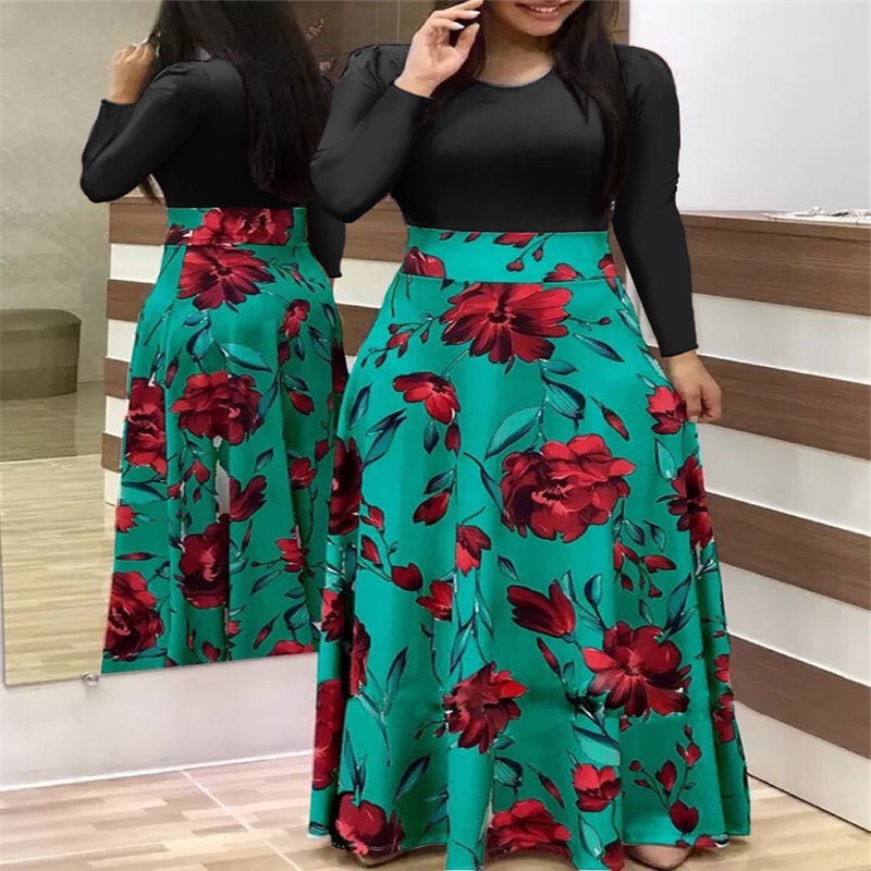 Summer Women Casual Bohemian Dresses Printed Splicing Floral Banquet Round Neck Long Sleeve Tight A-Line Dress Plus Size