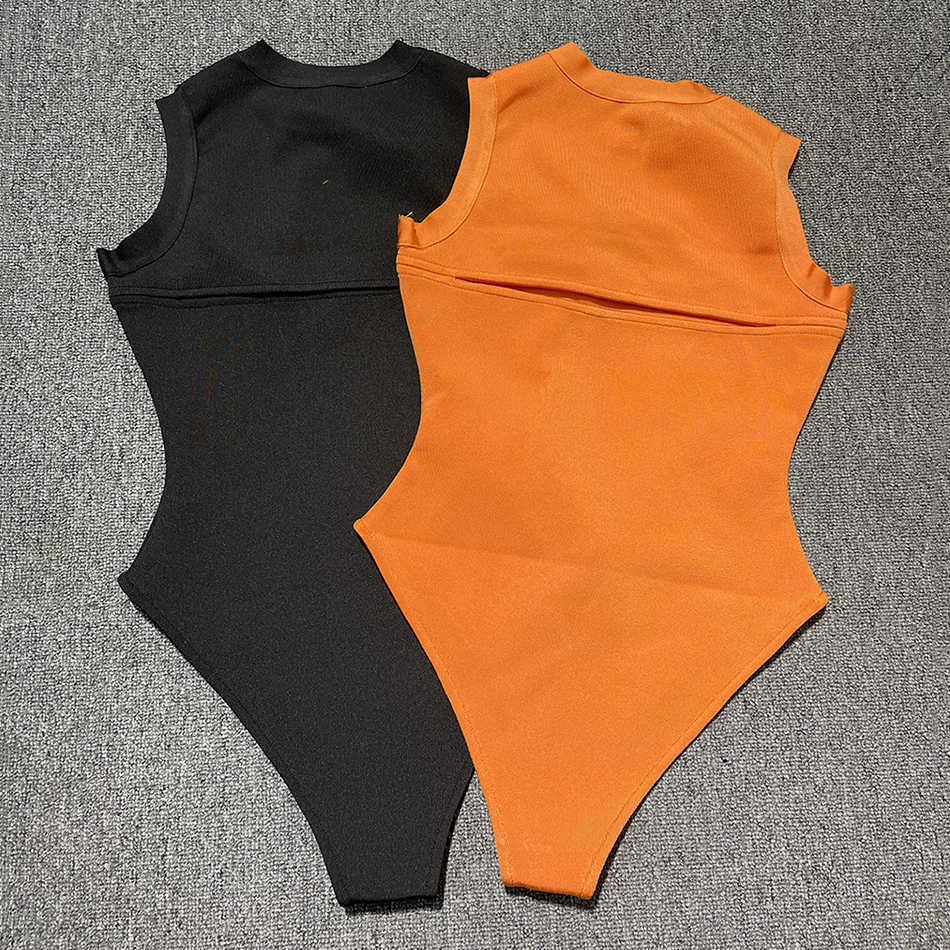 Orange Sexy Hollow Tights Summer Fashion O-neck Ladies Workout Clothes Basic Leggings Bandage Bodysuits 210525